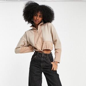 topshop  cropped fleece panel mock neck half zip pullover in stone, size us 4-6